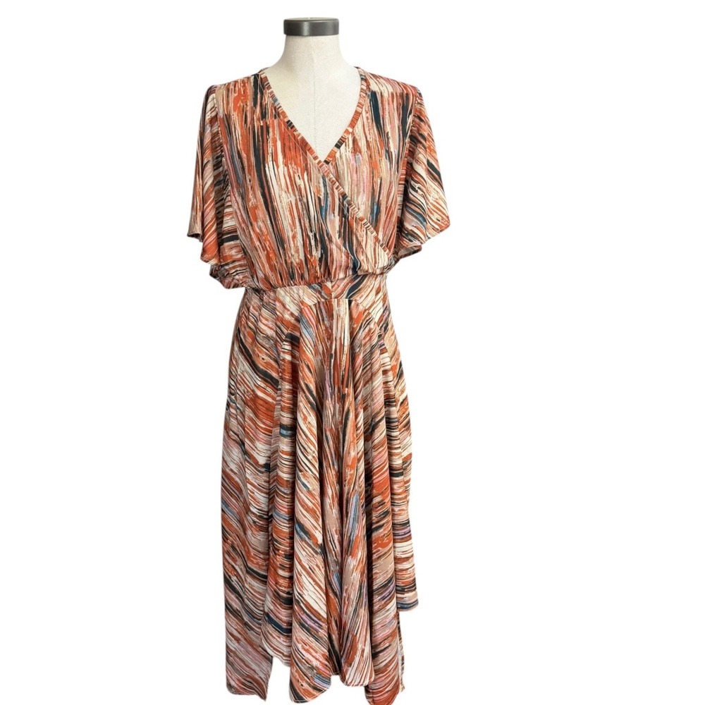 Soft Surroundings Abstract Brushstroke Wrap Midi Dress Orange Blue Small 2FZ79